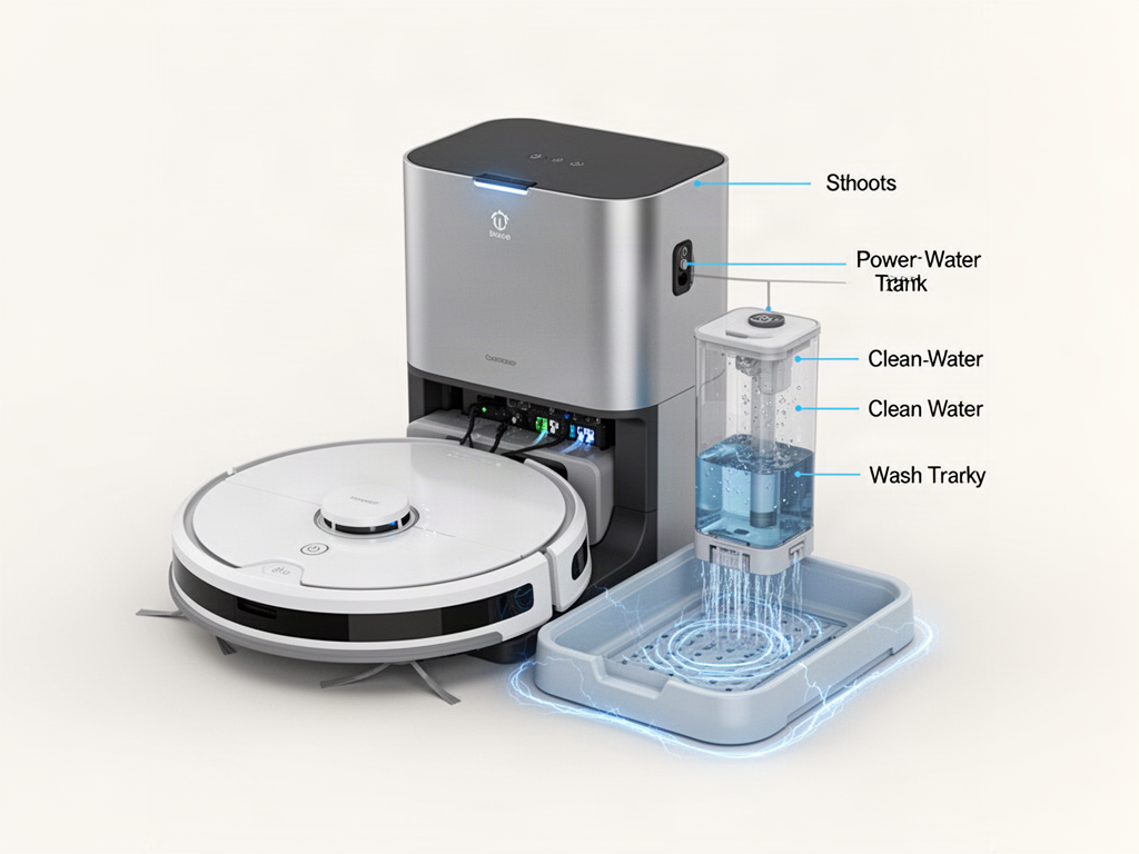 Robot vacuum base station with power, tanks and wash tray highlighted