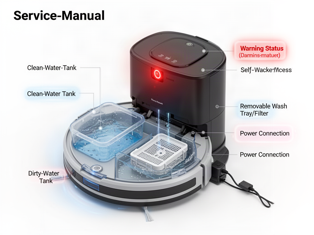 Self-washing dock with red warning light and service areas highlighted