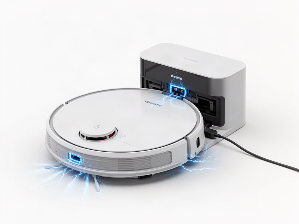 Robot vacuum charging contacts and base power connection highlighted