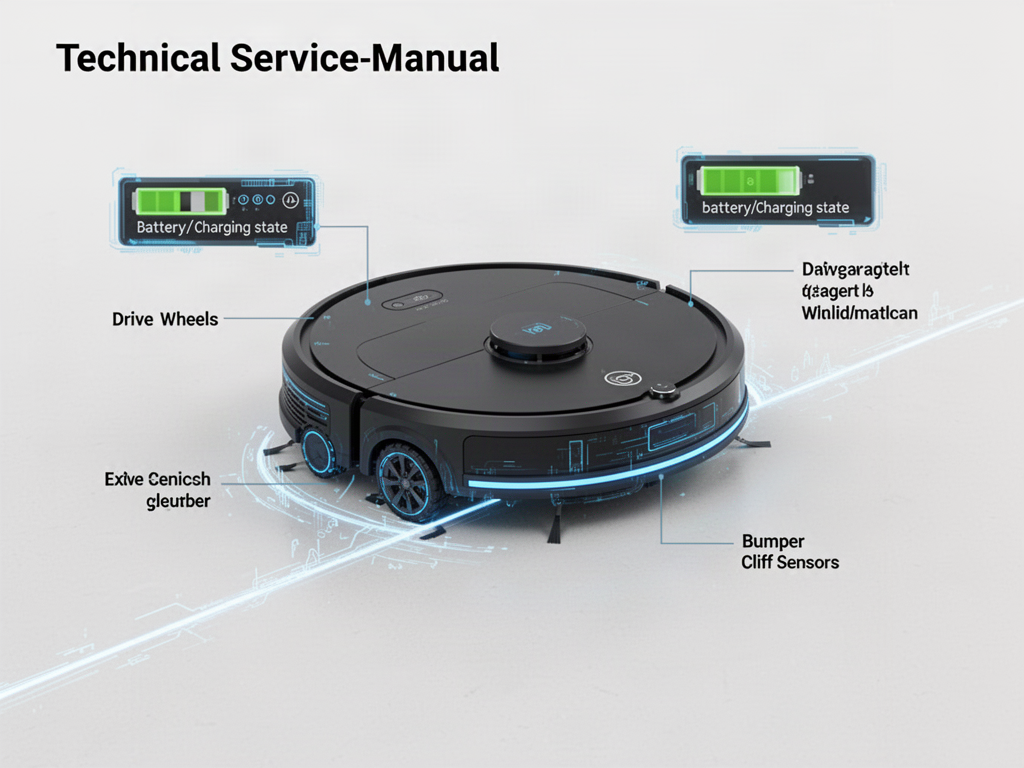 Robot vacuum stopped mid-clean with battery wheels bumper and sensors highlighted