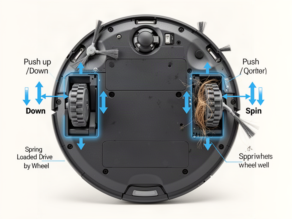 Robot vacuum drive wheels with debris in one wheel well