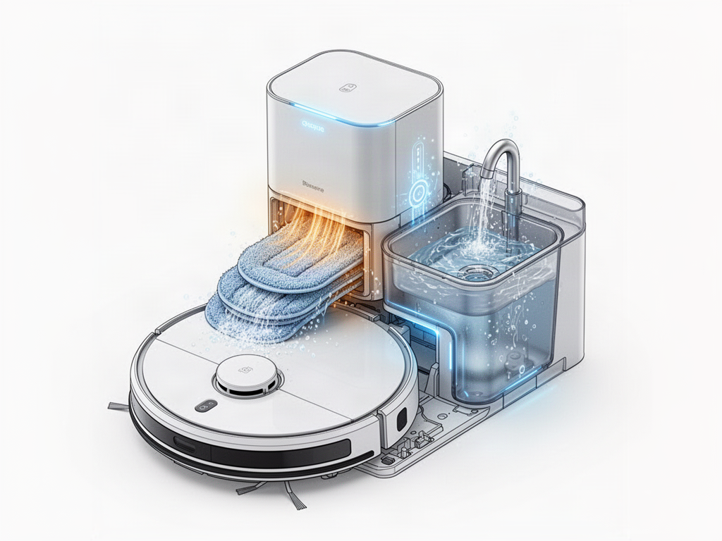 All-in-one robot vacuum station washing mop pads with heated water flow
