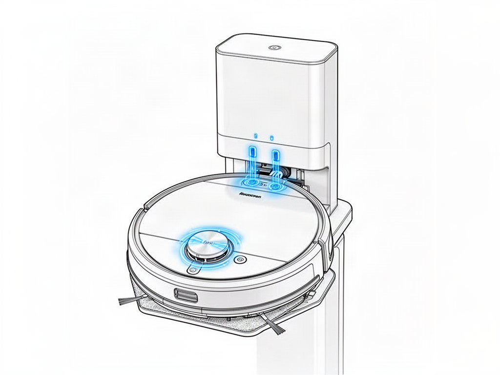 Robot vacuum charging contacts aligned with an all-in-one station