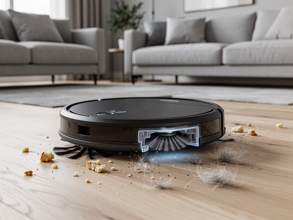 Generic robot vacuum leaving crumbs and pet hair behind on a wood floor