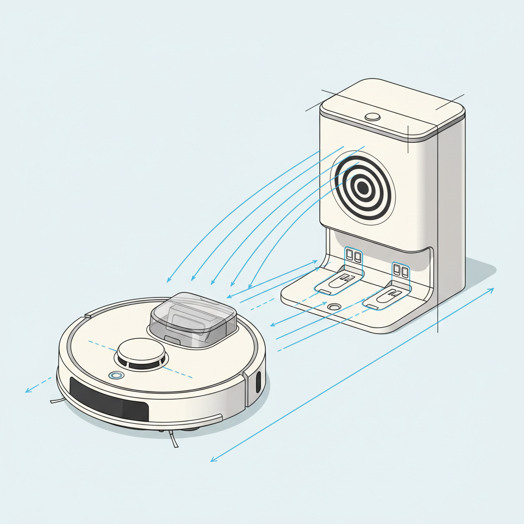 Robot vacuum approaching a self-empty dock with clear path and docking target highlighted