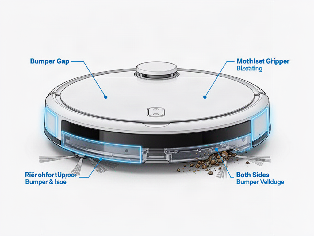 Robot vacuum front bumper with gap and trapped debris highlighted