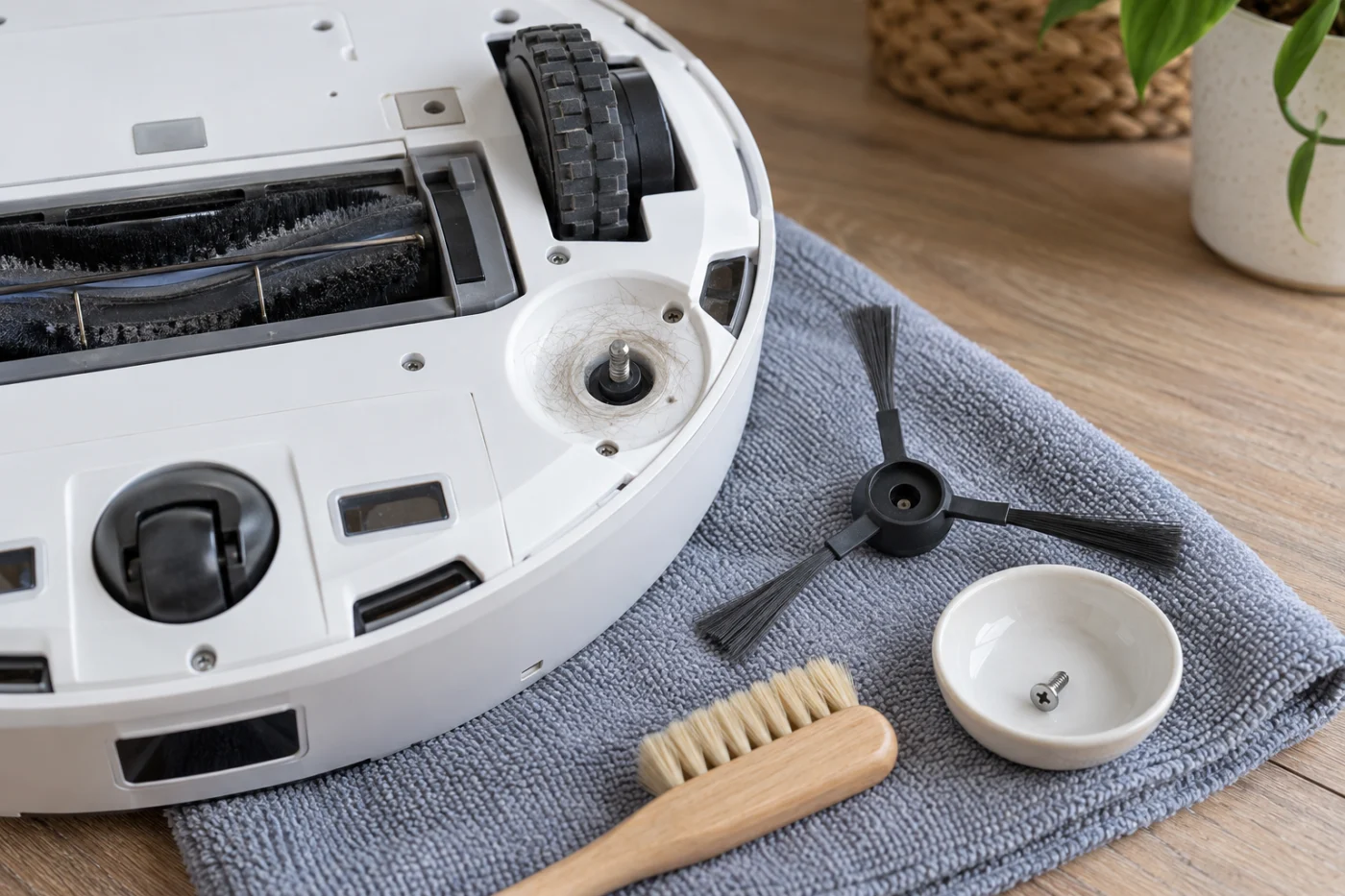 Illustration of hair around the removable Qrevo Curv side-brush mount