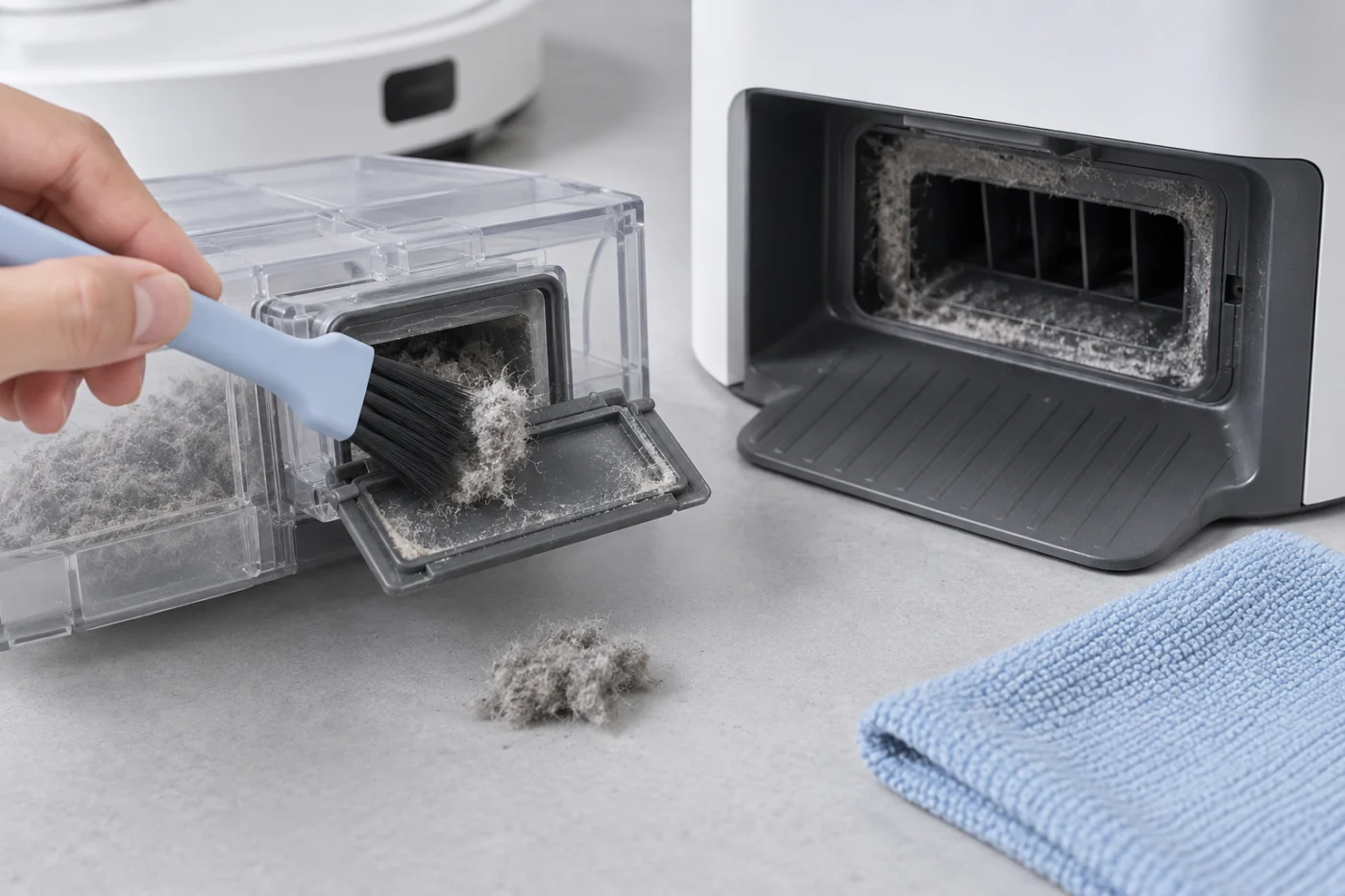 Checking accessible auto-empty dust ports for lint on a robot and its dock