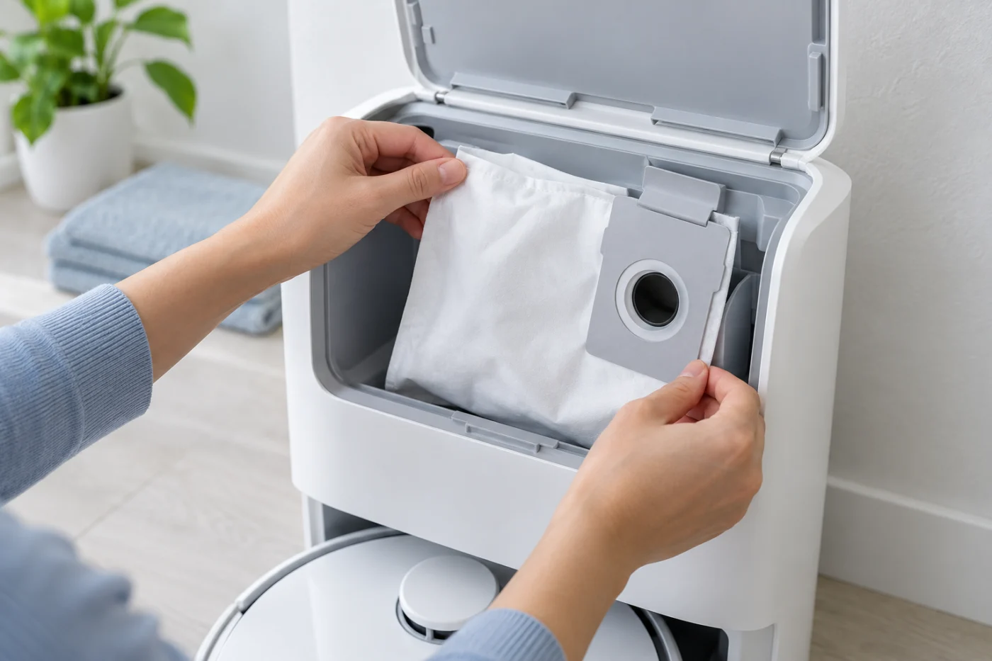 Checking the dust bag seating in a Dreame X40 Ultra base station