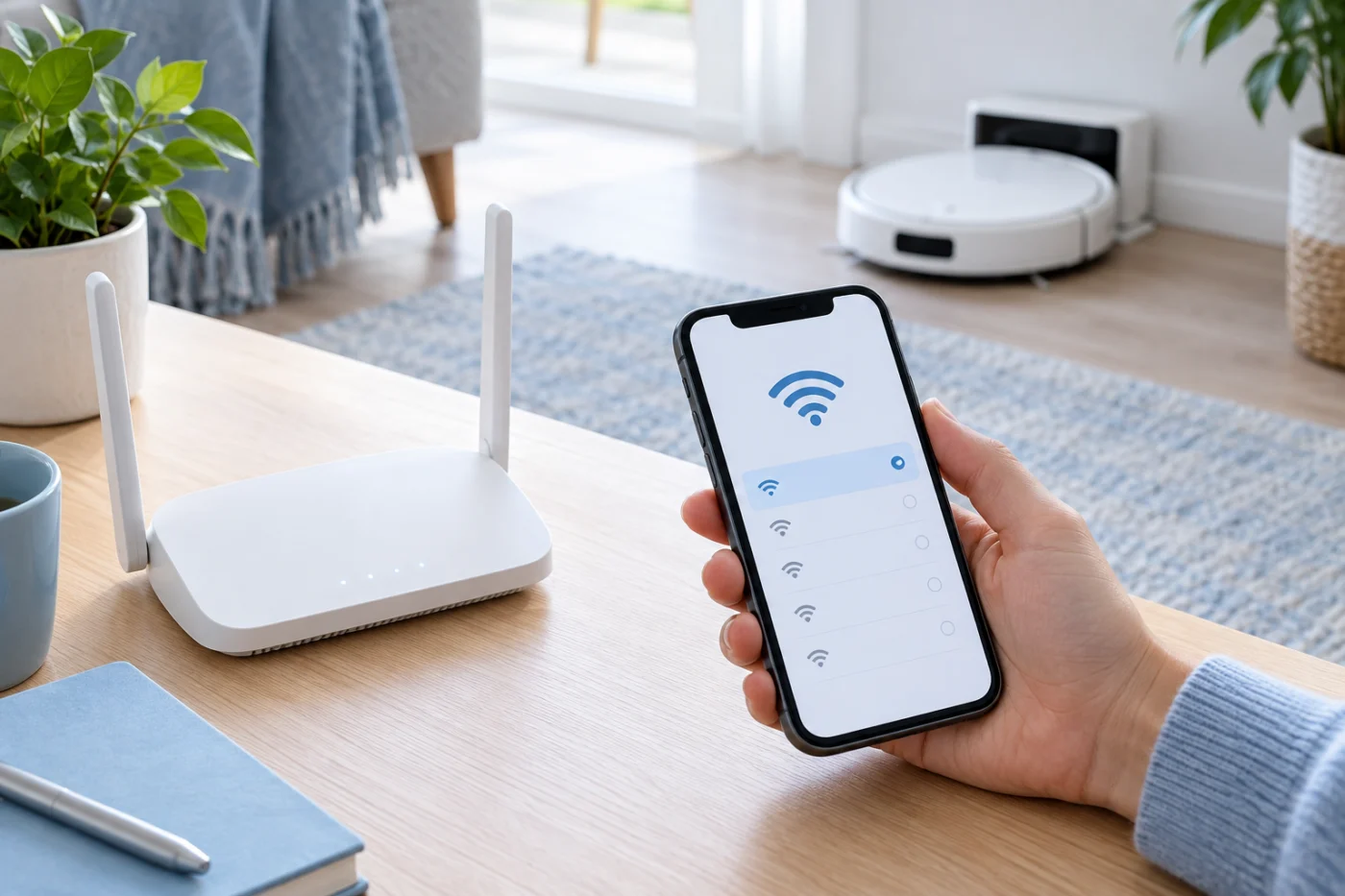 Checking the home Wi-Fi network on a phone beside a router before pairing a robot vacuum