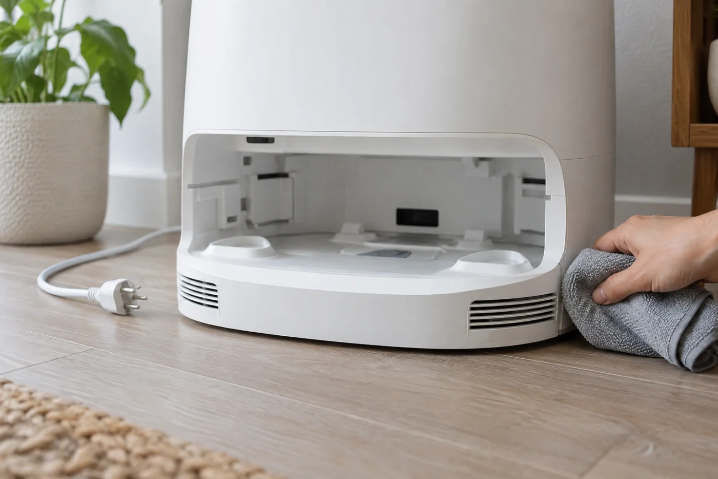 Inspecting exterior air openings of an unplugged robot mop drying dock
