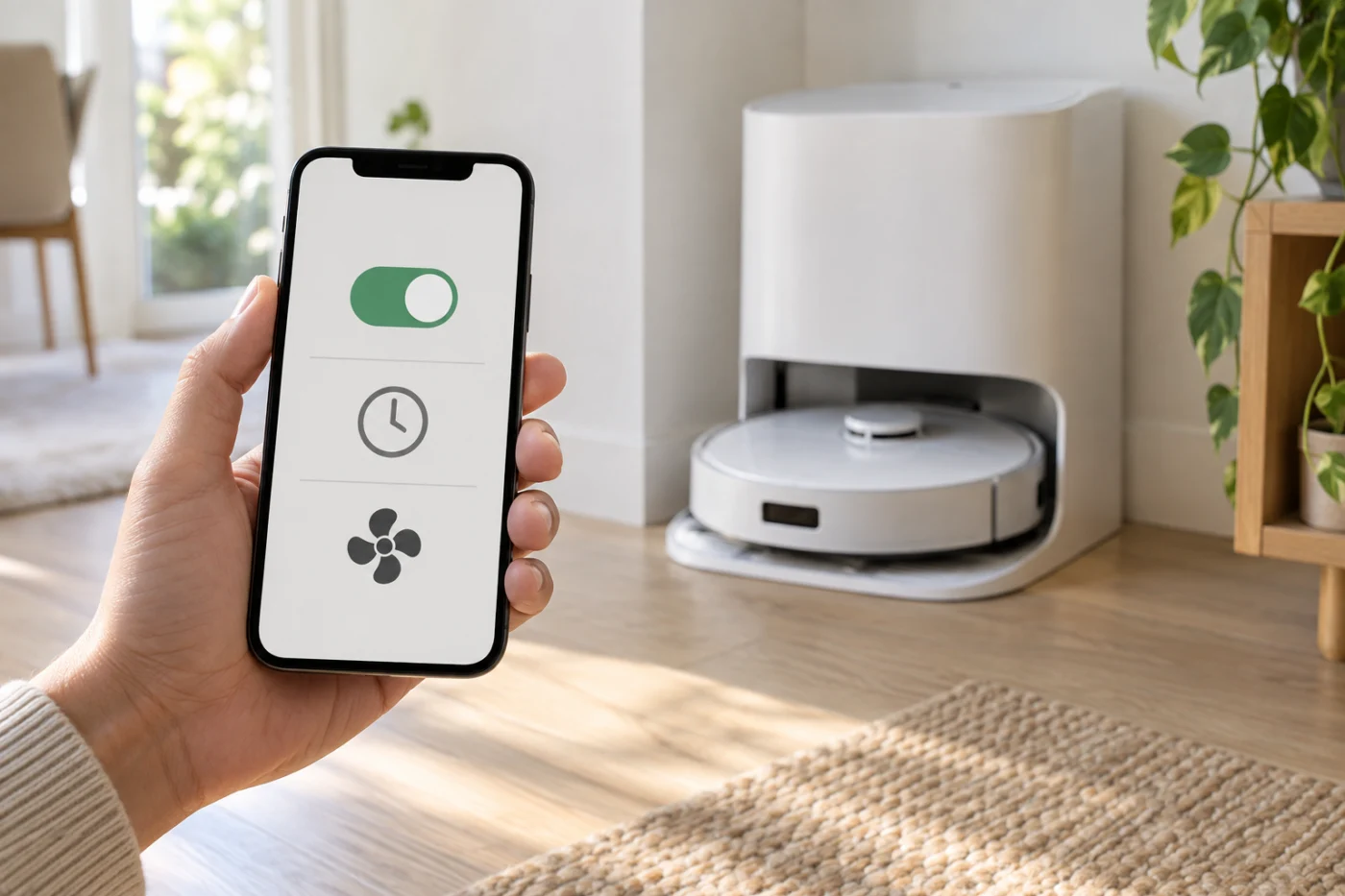 Checking automatic mop drying and duration settings in a robot vacuum app