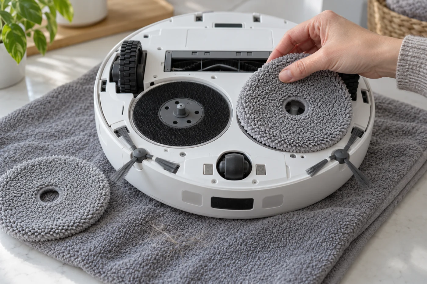 Placing a mop cloth flat on a robot vacuum mop mount while the robot is off