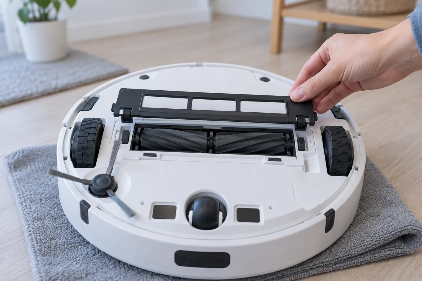 Reseating the main brush cover over two split robot vacuum brush sections