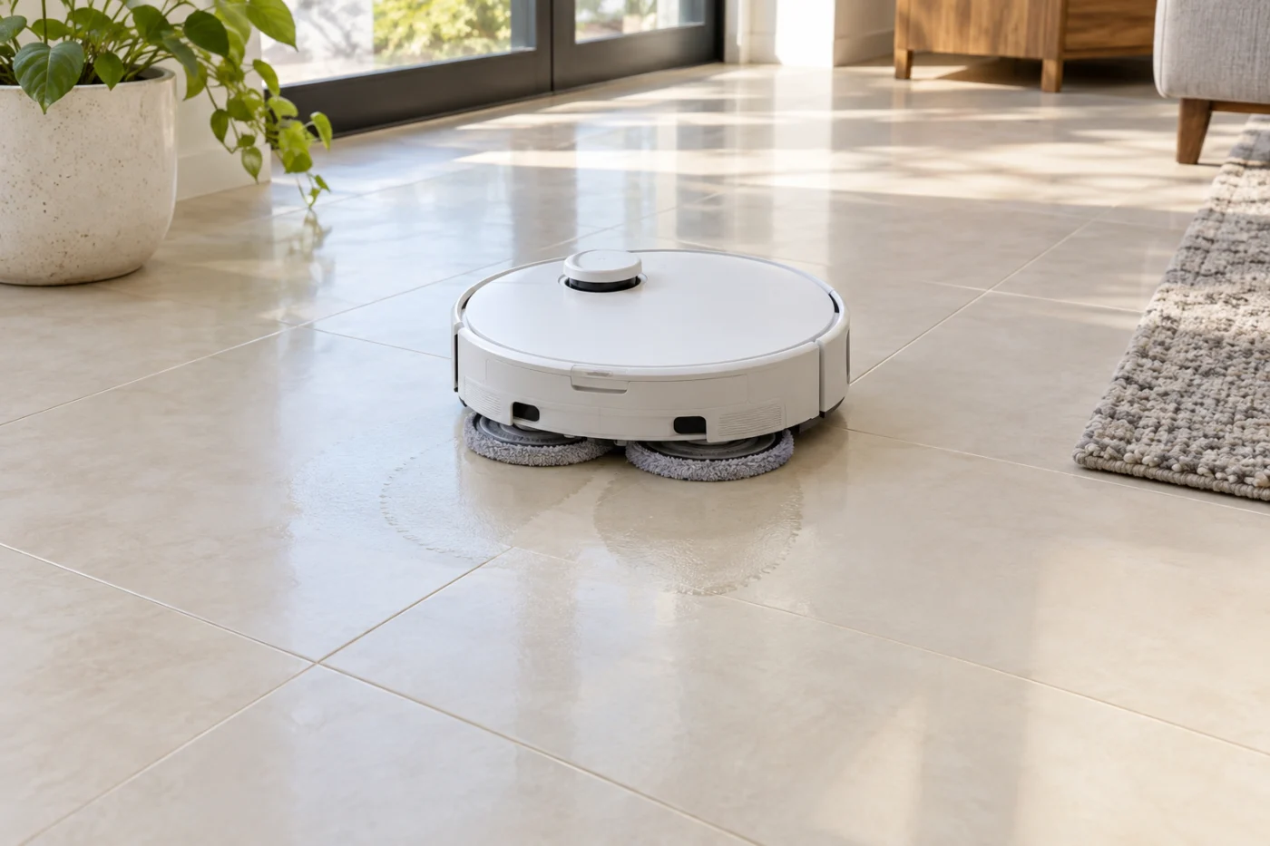 Comparing two robot vacuum mop pads during a short test on tile