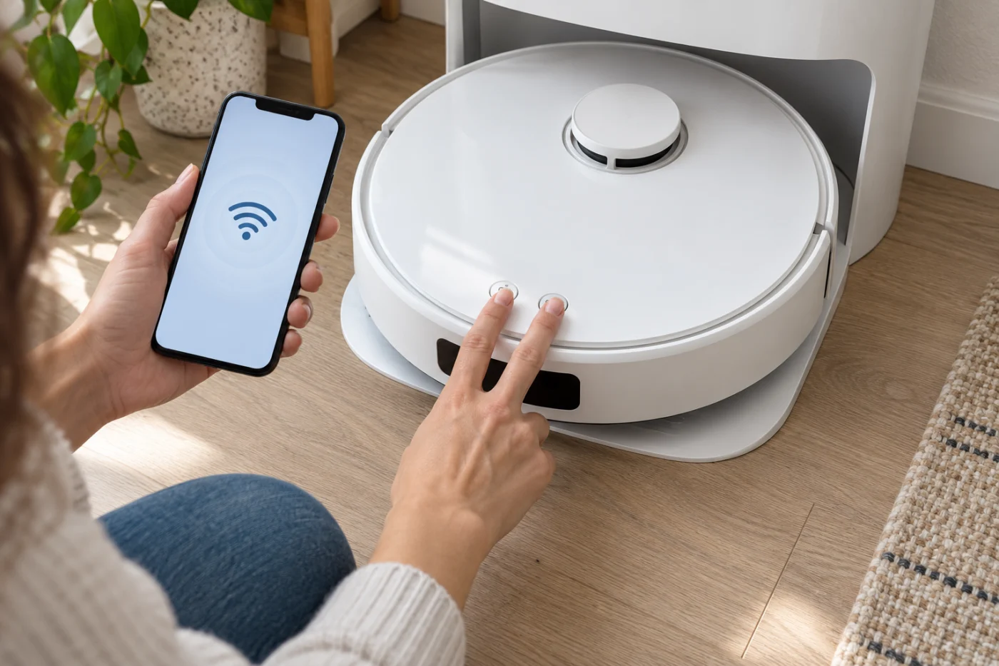 Using the Power and Dock controls of a robot vacuum to restart Wi-Fi pairing