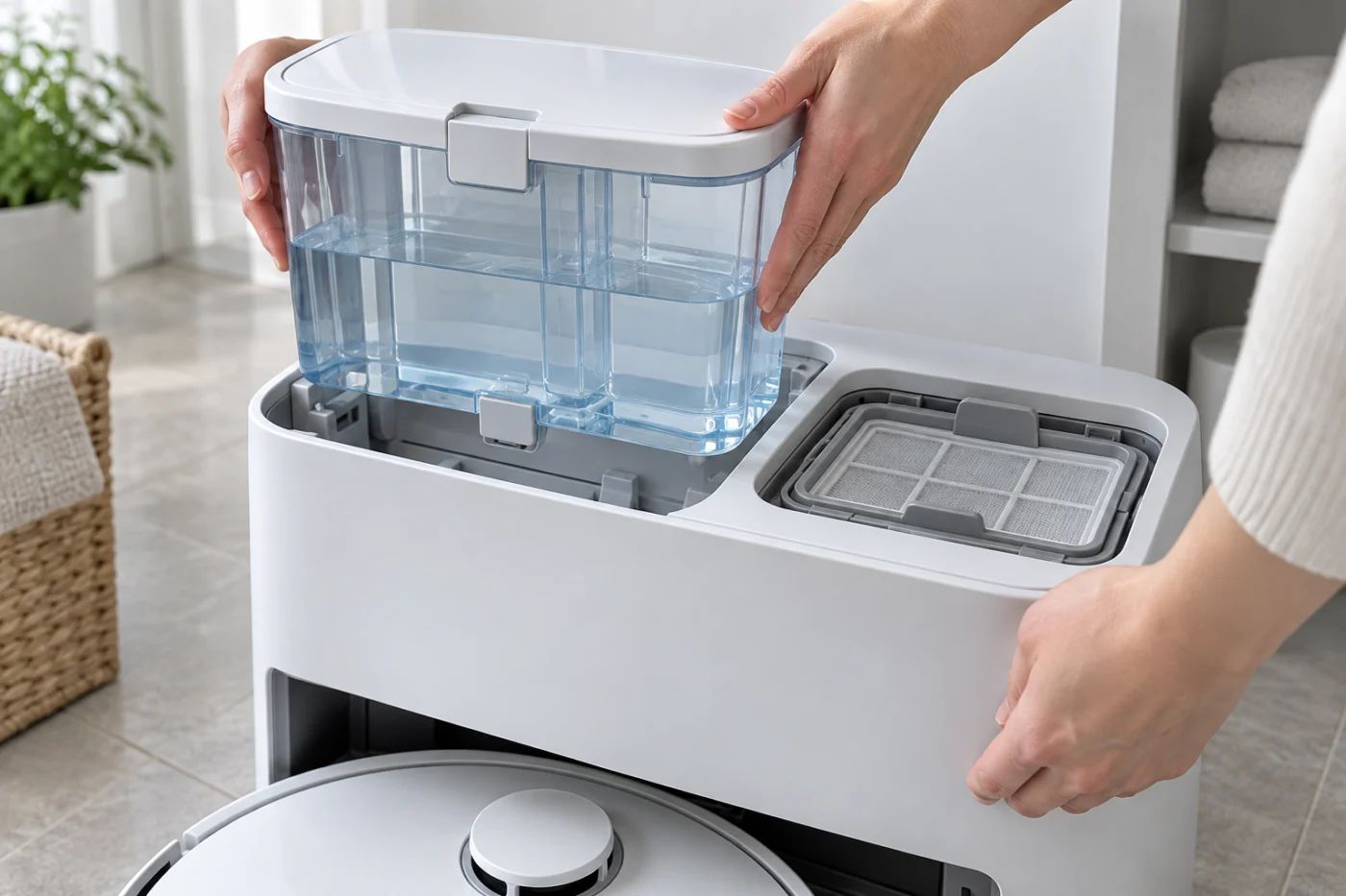 Qrevo Curv clean-water tank and removable cleaning-tray filter check