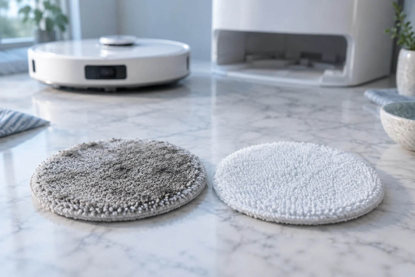 Clean and soiled Qrevo Curv mop cloths compared before a streak test