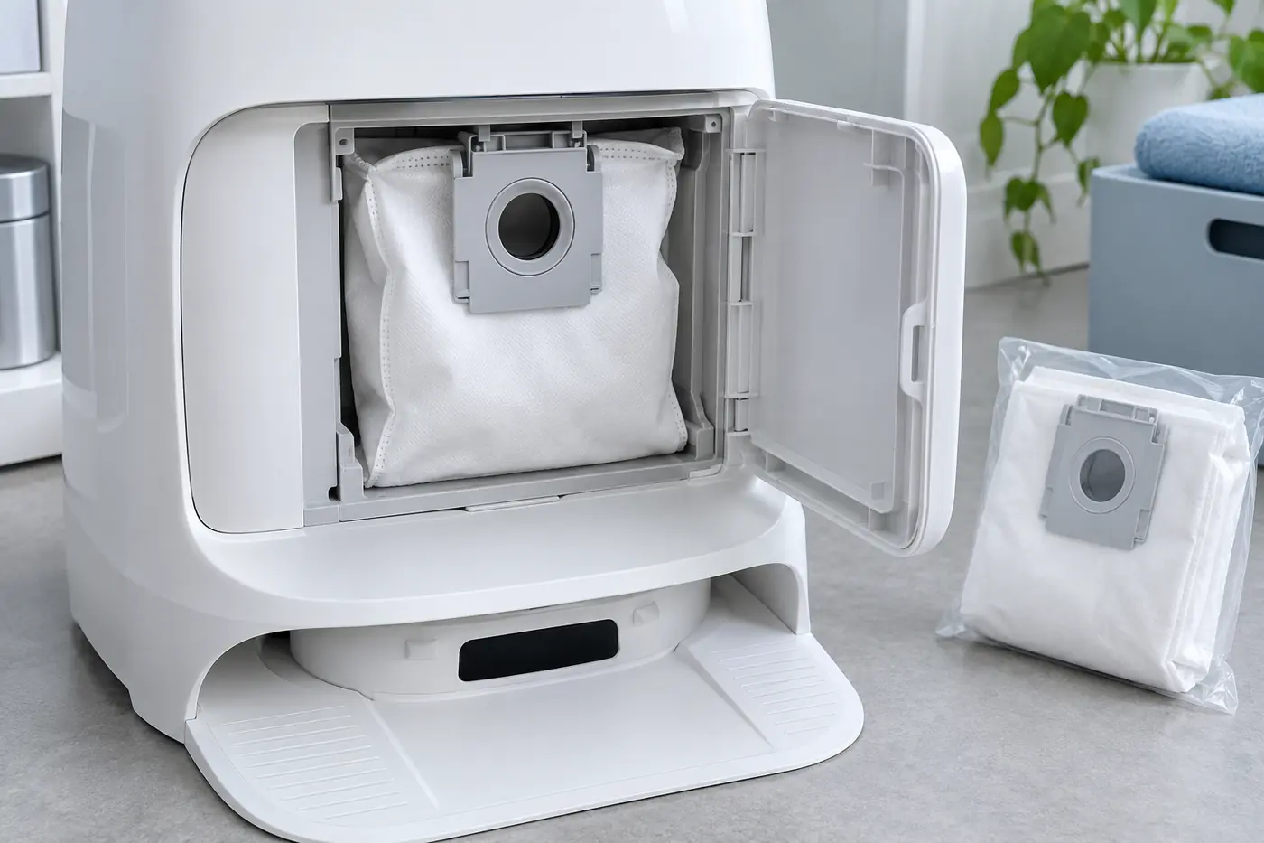 Qrevo Curv disposable dust bag seated in the dock slot