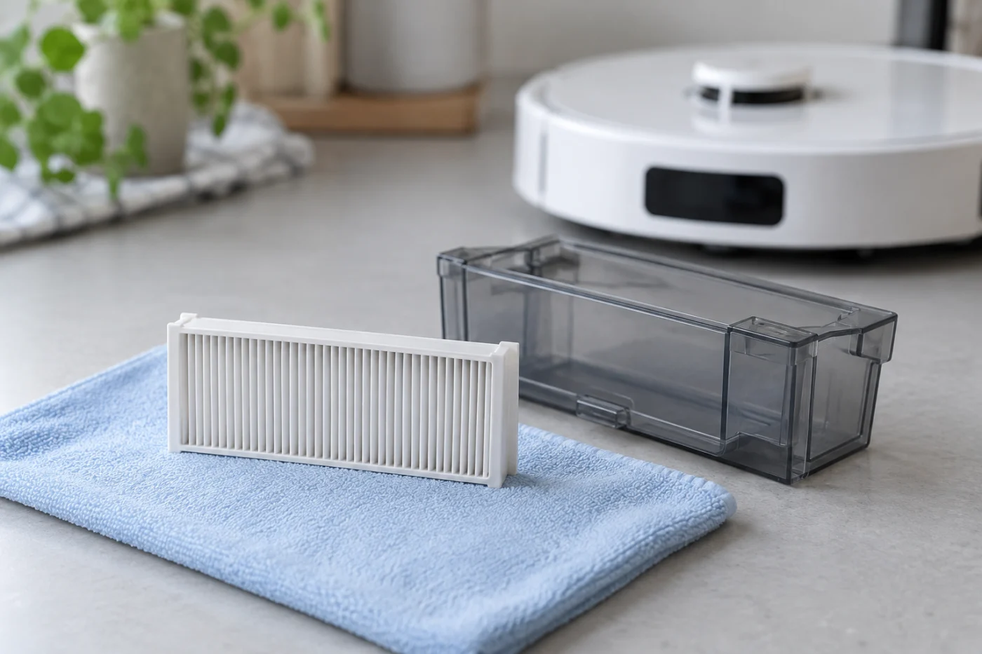 Illustration of a Qrevo Curv filter and dustbin drying before reinstallation