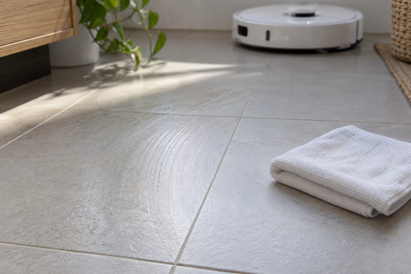 Illustration of a small hand-wiped patch beside a robot-mopped tile patch