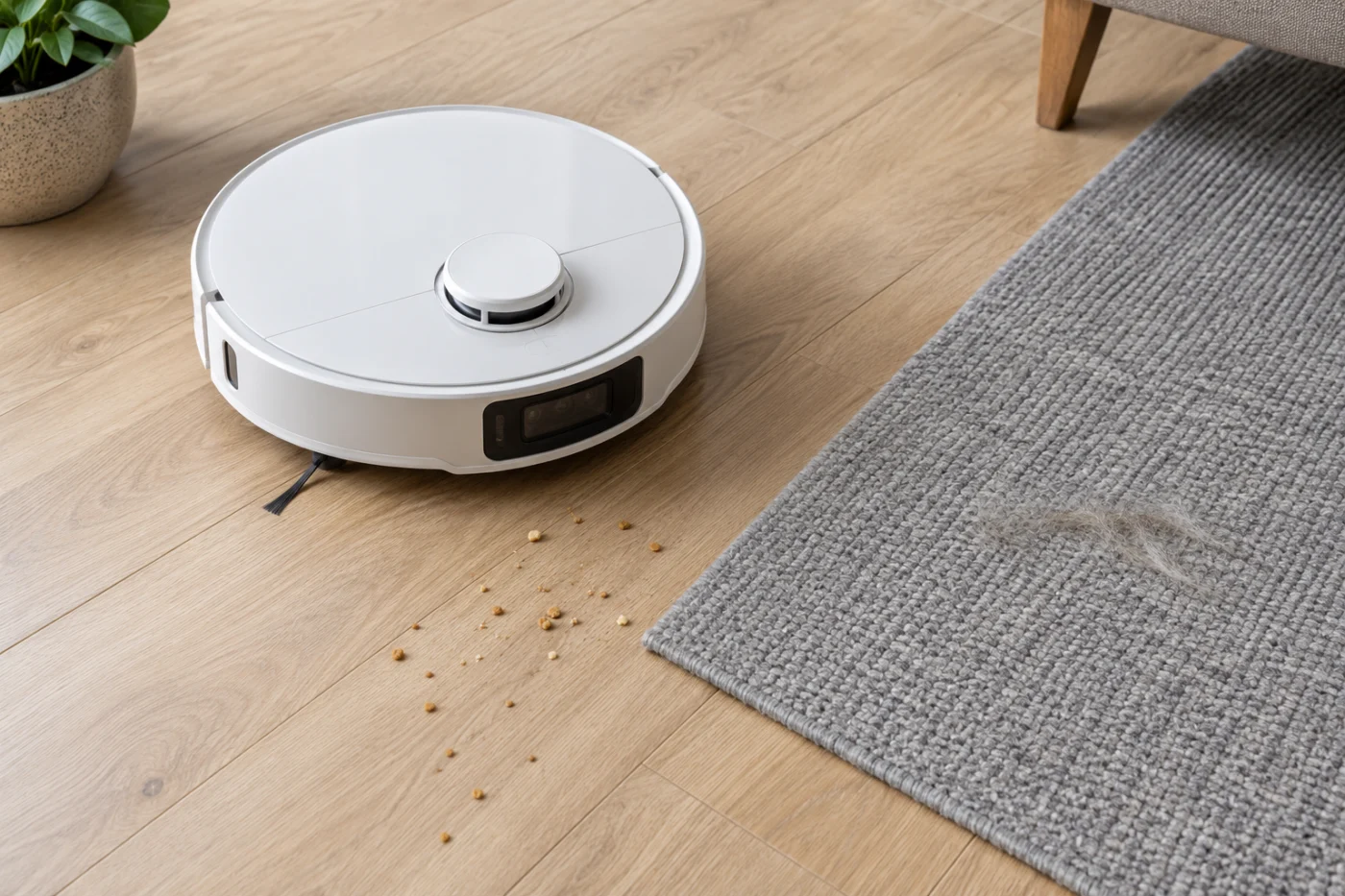 Illustration of Qrevo Curv pickup comparison on hard floor and a rug
