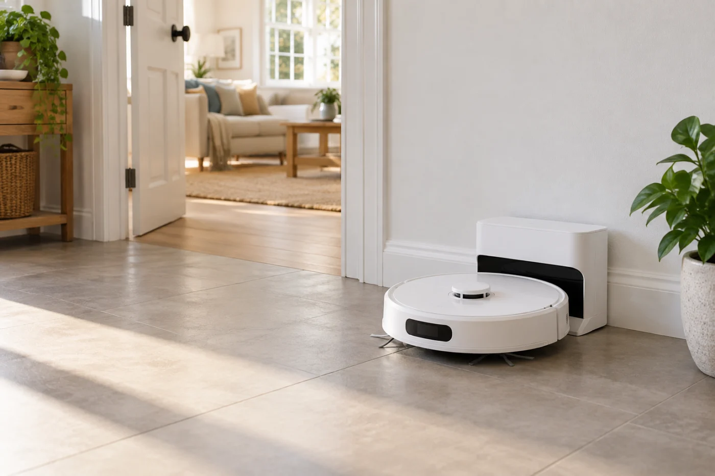 Qrevo Curv starting a mapping run from its fixed dock with open room doors