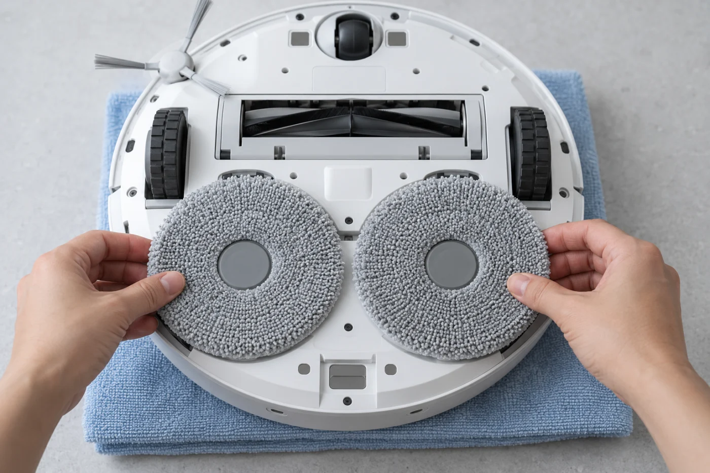 Two Qrevo Curv mop cloths attached flat to their mounts