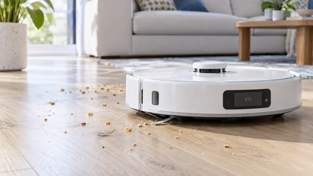Illustration of Roborock Qrevo Curv not picking up dirt, with crumbs beside the robot