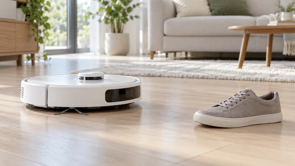 Roborock Qrevo Curv approaching a shoe while testing obstacle avoidance