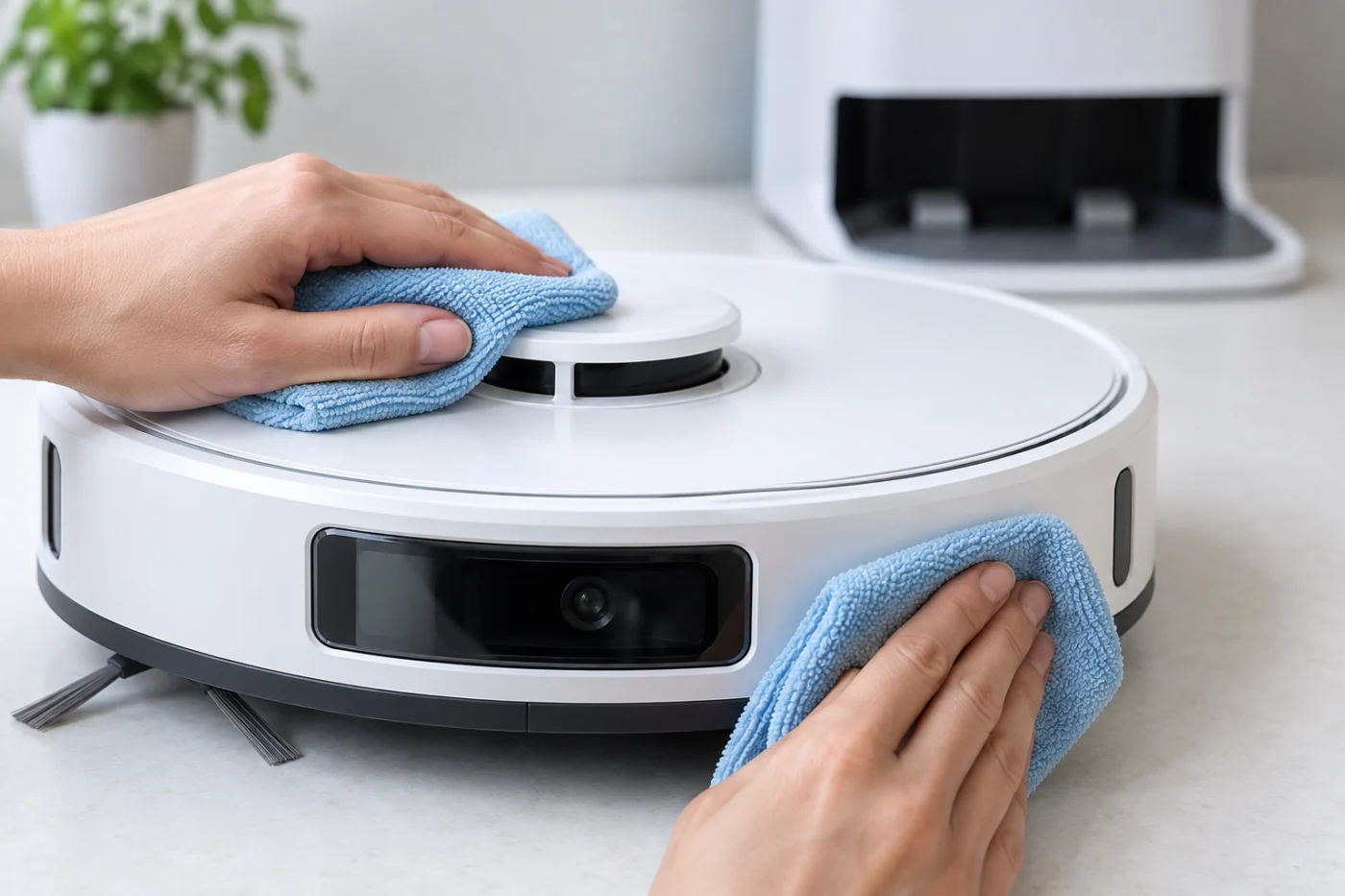 Wiping accessible Qrevo Curv docking locator and navigation sensors with a dry cloth