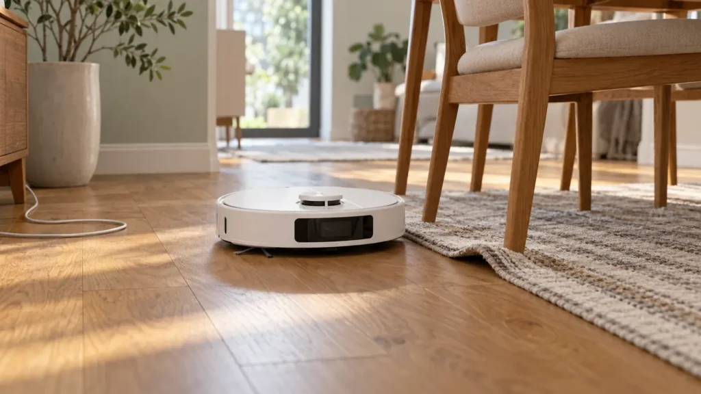 White robot paused near a rug edge and dining chair