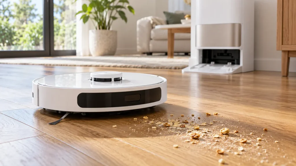 White lidar robot near dry crumbs on an oak floor