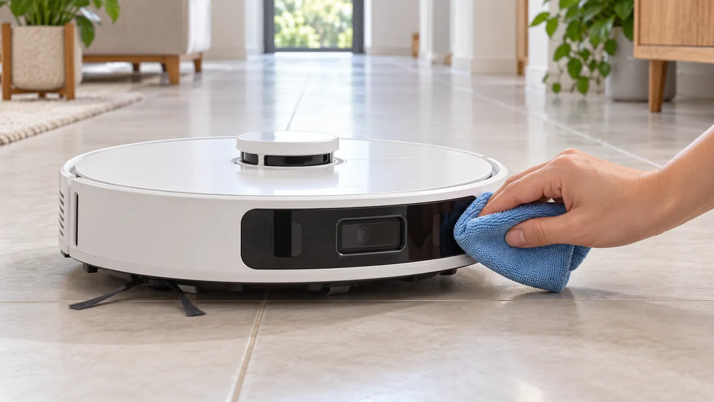 Illustration of wiping a robot vacuum front sensor panel with a dry cloth
