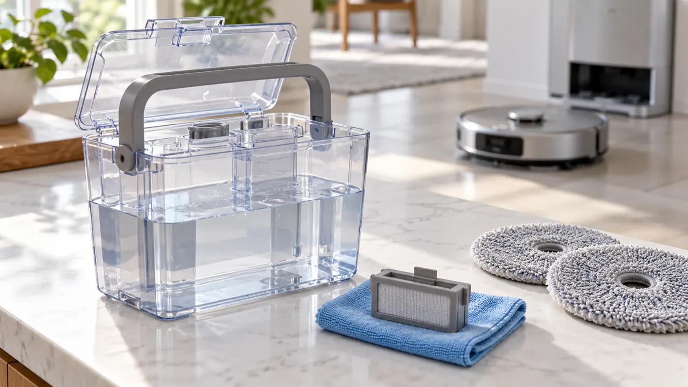 Illustrative view of a clean-water tank and removable filter beside mop pads