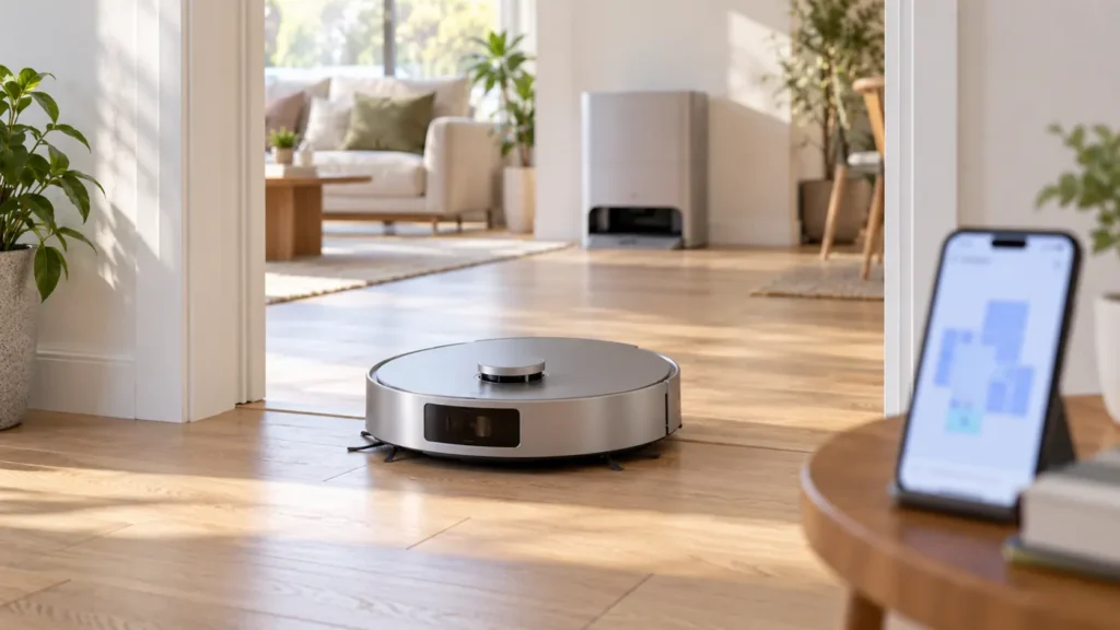 Silver robot in an open doorway with an abstract floor plan on a blurred phone