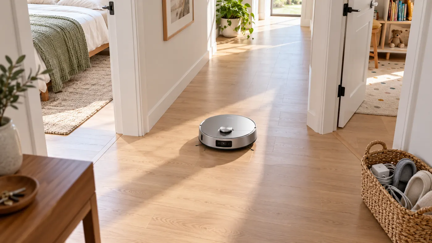 Illustrative view of a clear hallway with open doors for robot mapping
