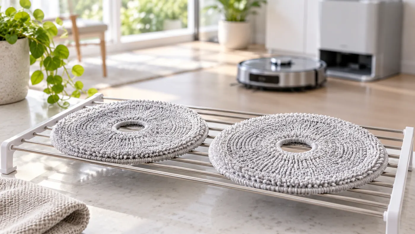 Illustrative view of removable mop cloths drying separately on an open rack