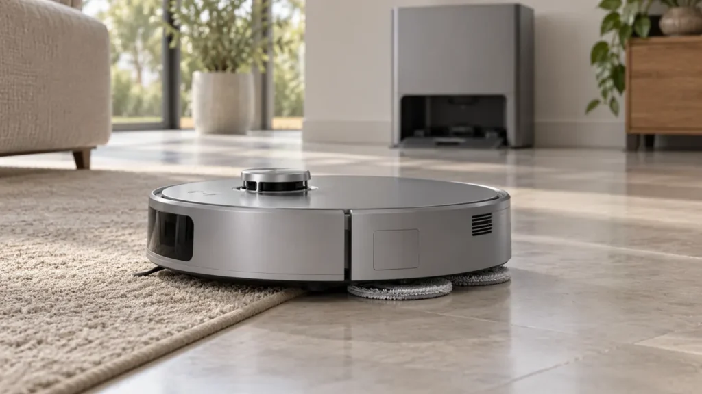Silver round robot beside a rug edge with round mop pads visible