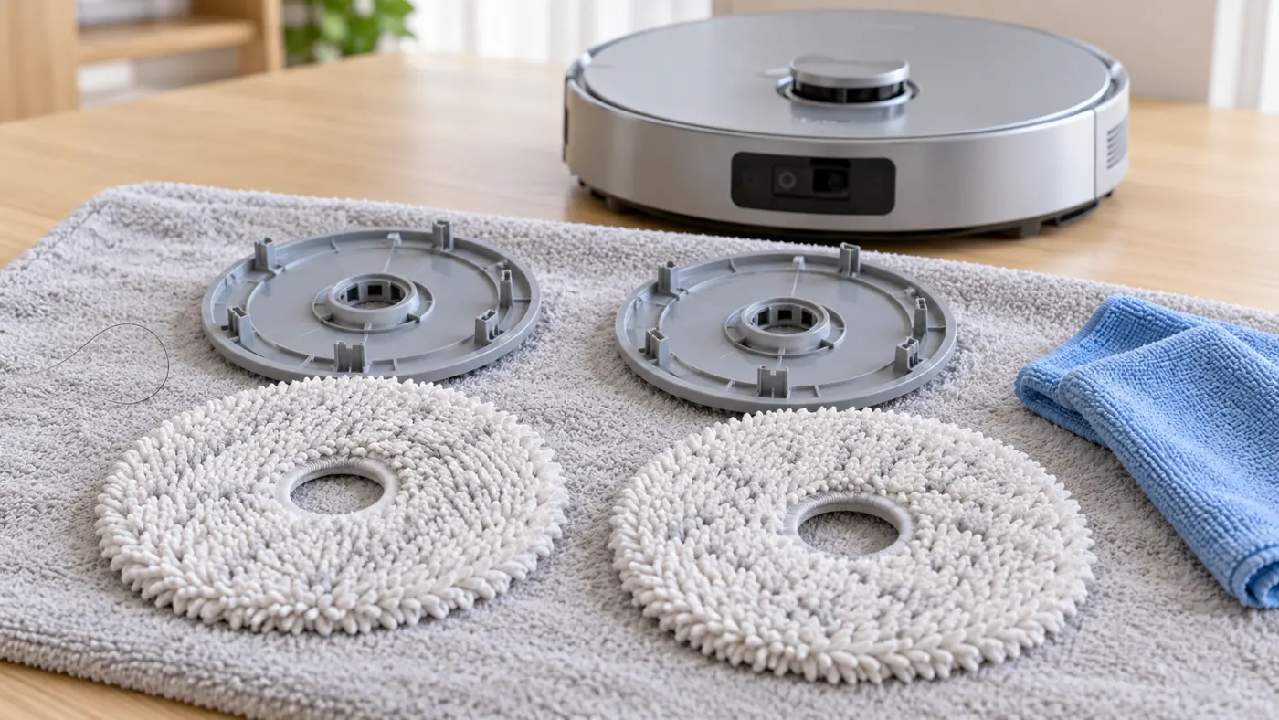 Illustrative view of removed round mop plates and cloths for inspection