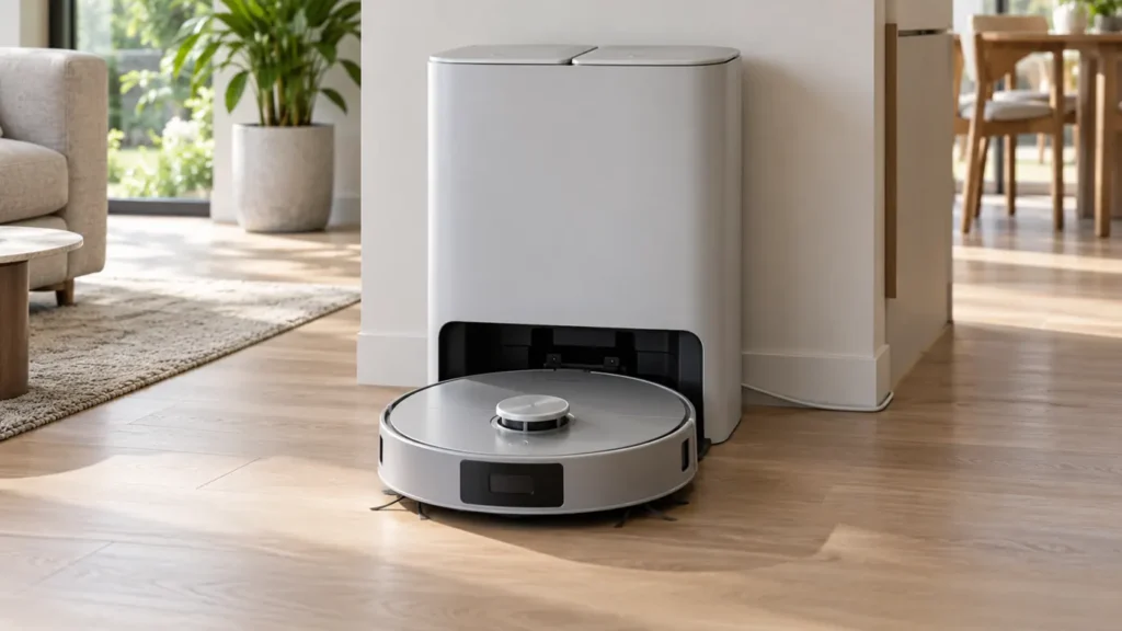 Silver lidar robot at a light grey OMNI charging station