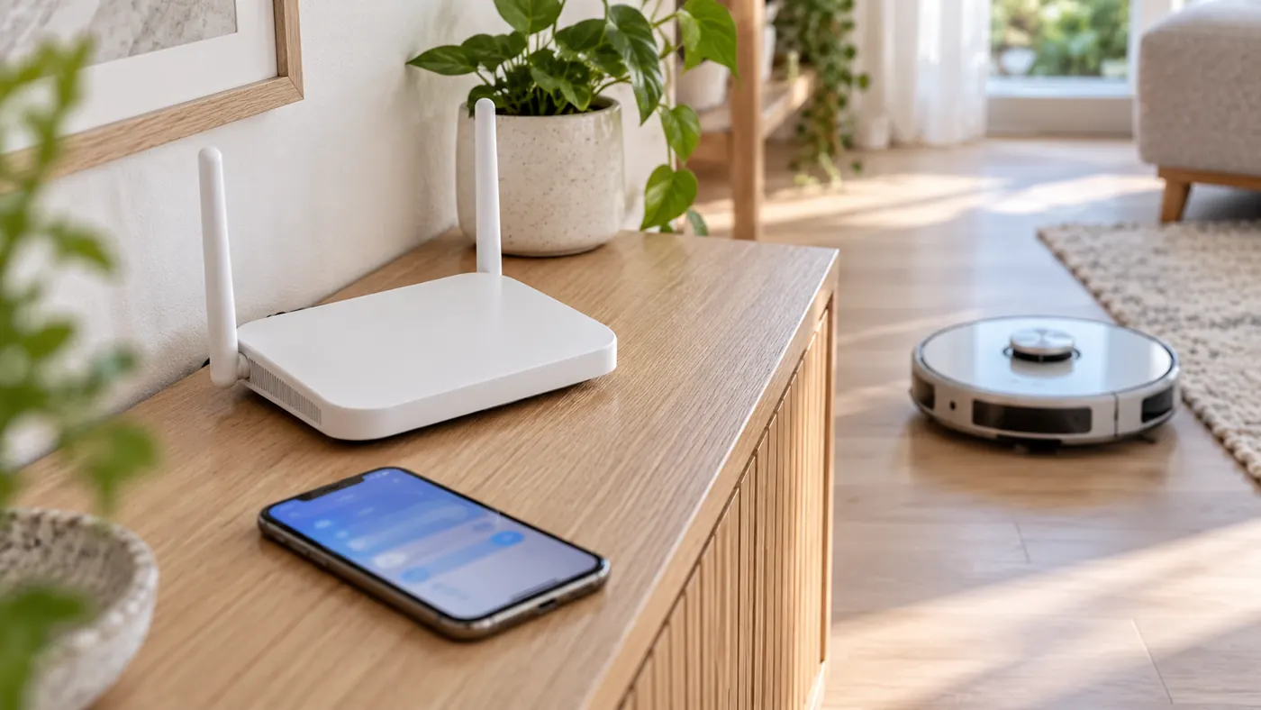 Illustrative home router and phone beside a silver robot vacuum