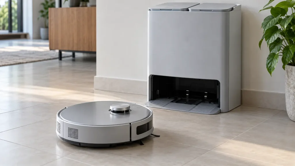 Silver robot paused in front of a light grey OMNI docking station