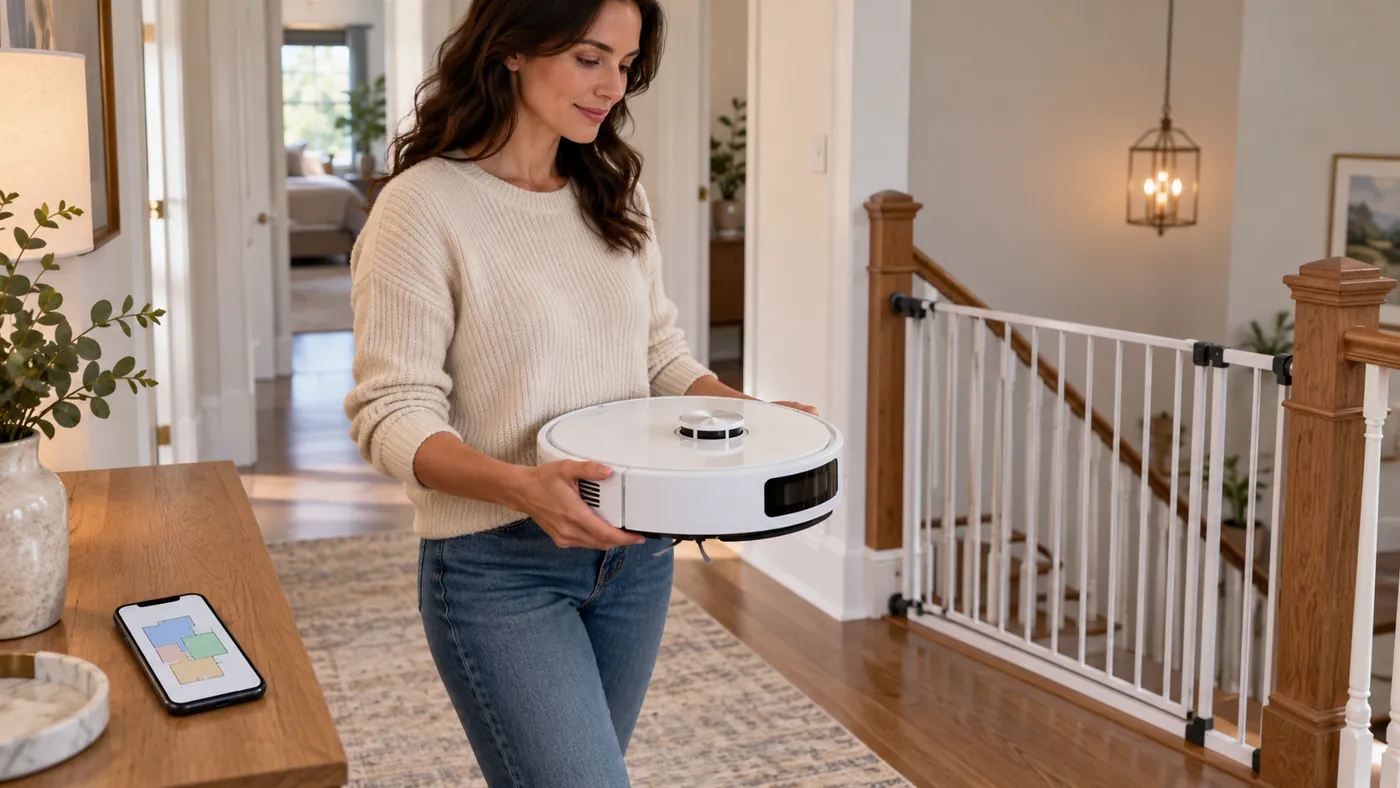 Illustration of an owner safely carrying a robot vacuum to another floor