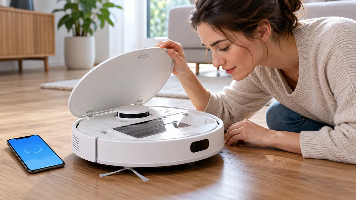 Illustration of a robot vacuum with its top cover open during reset troubleshooting