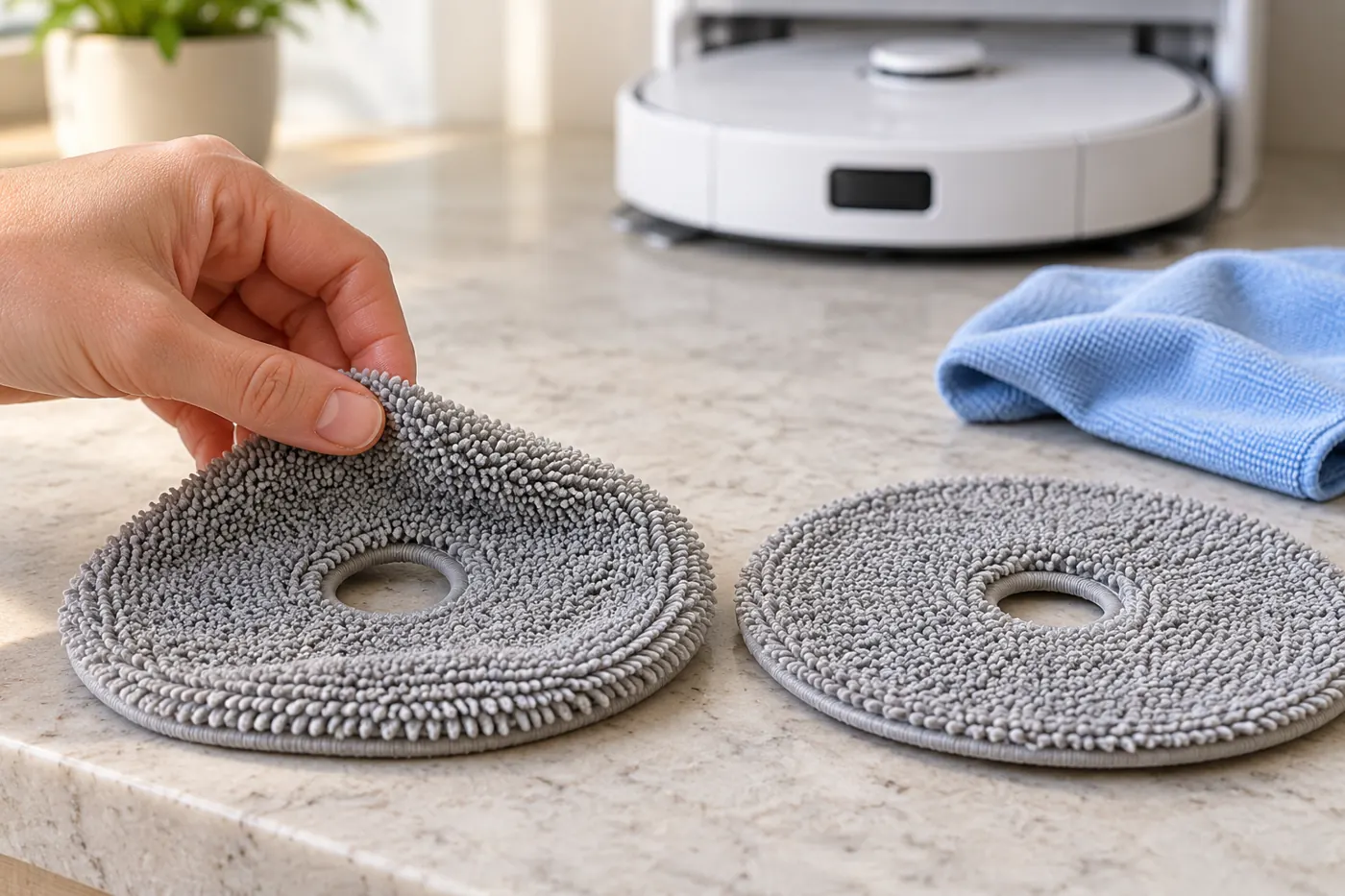 Checking moisture in a round Q Revo-style microfiber mop cloth after drying