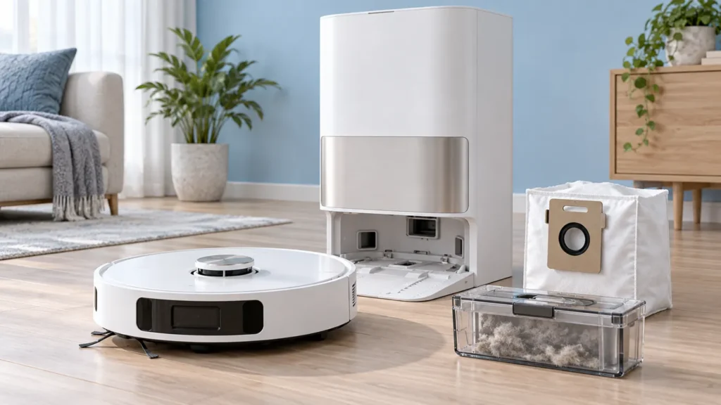 Illustrative white robot vacuum, self-emptying station, dust bag and dust bin