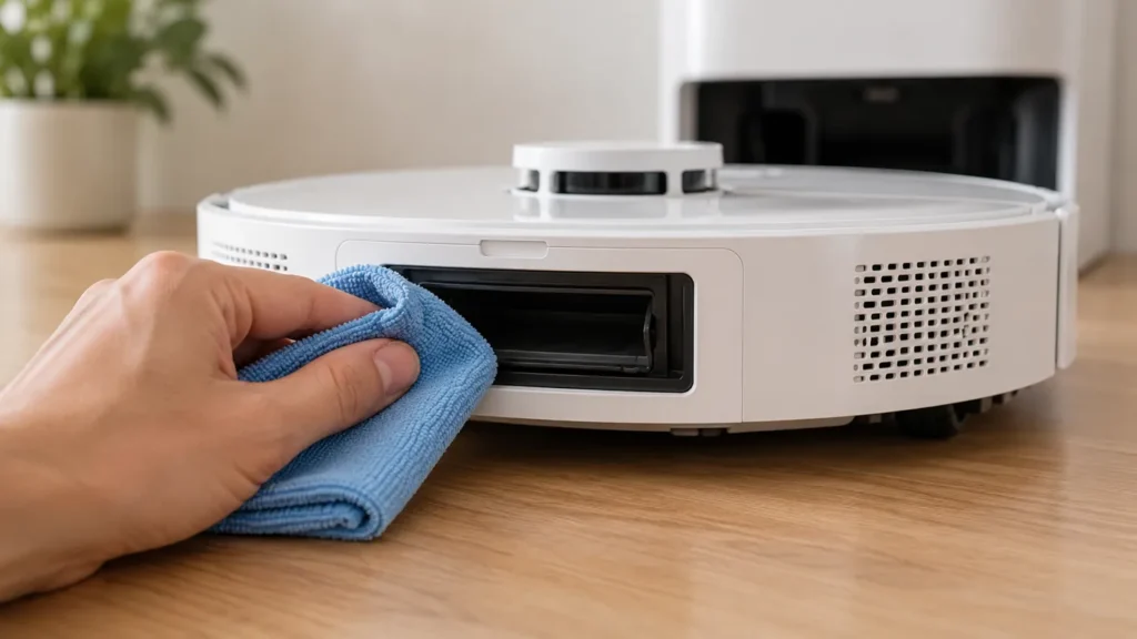 Soft dry cloth wiping an accessible robot vacuum dust port