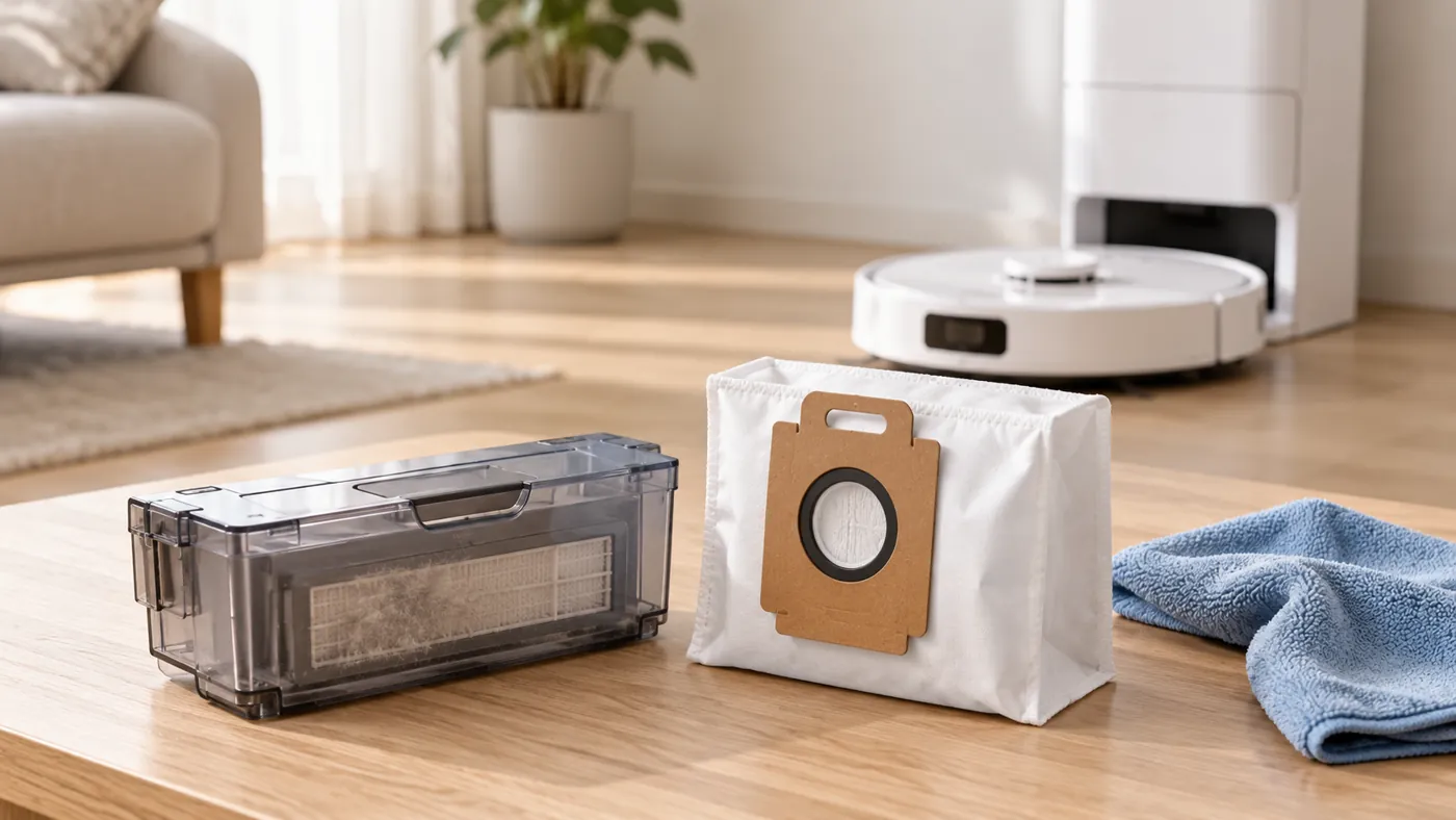Dust bin and dust bag beside a dry cloth