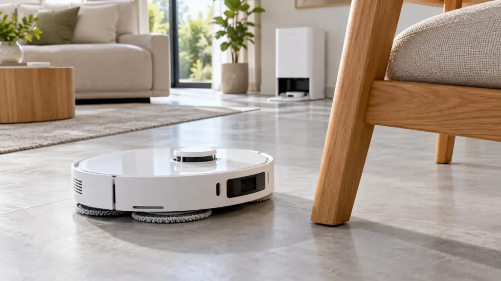 Robot vacuum approaching a sturdy chair leg in a well-lit room